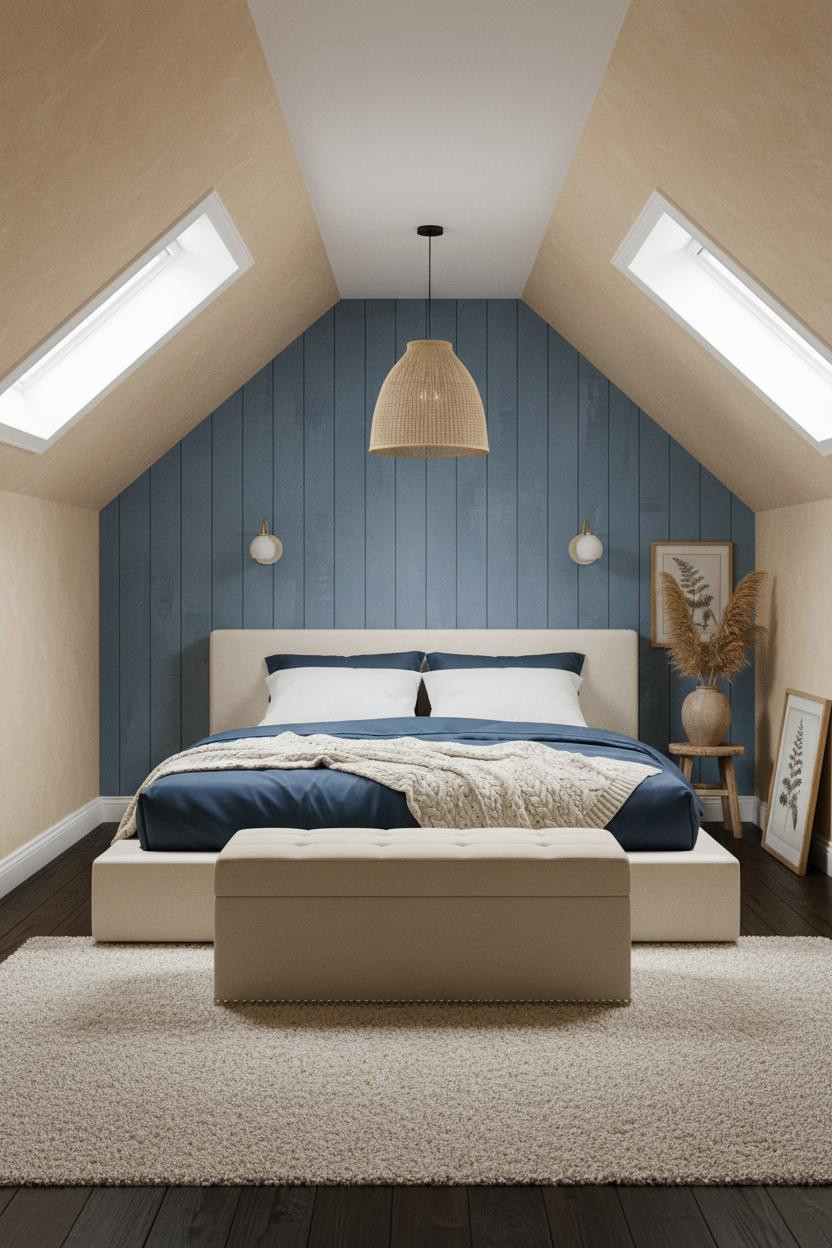 Boho Coastal Bedroom Attic Accent Wall in Denim Blue