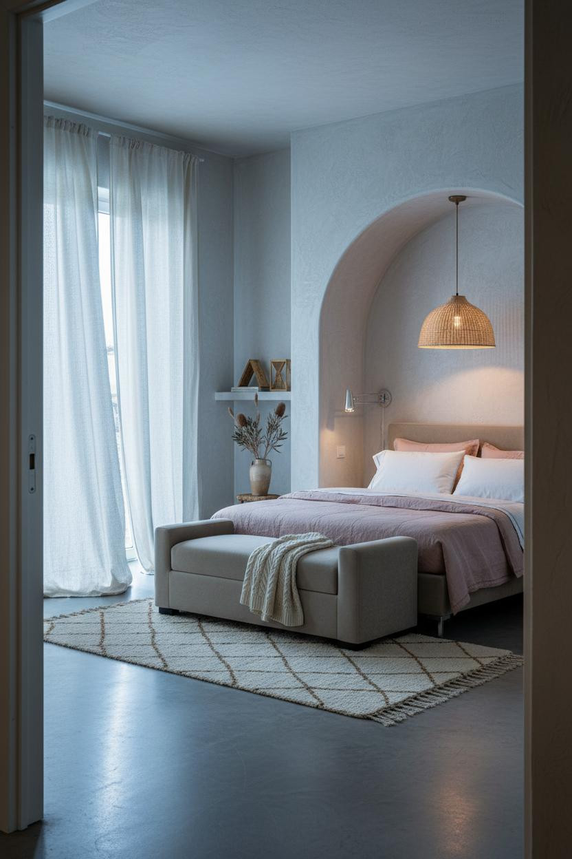 Boho Coastal Bedroom Attic with Arched Plaster Niche and Dormer