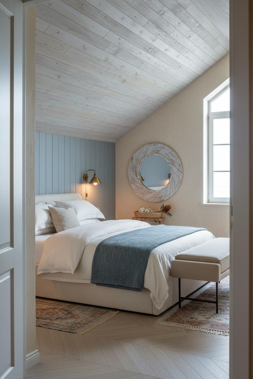 Boho Coastal Bedroom Attic with Driftwood Shiplap and Dusty Blue Accent