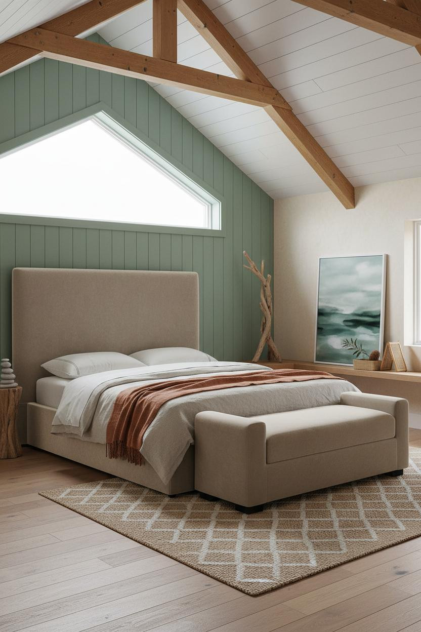 Boho Coastal Bedroom Attic with Moss Green Accent Wall