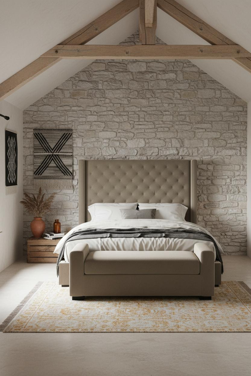 Boho Coastal Bedroom Attic with Stone Accent Wall