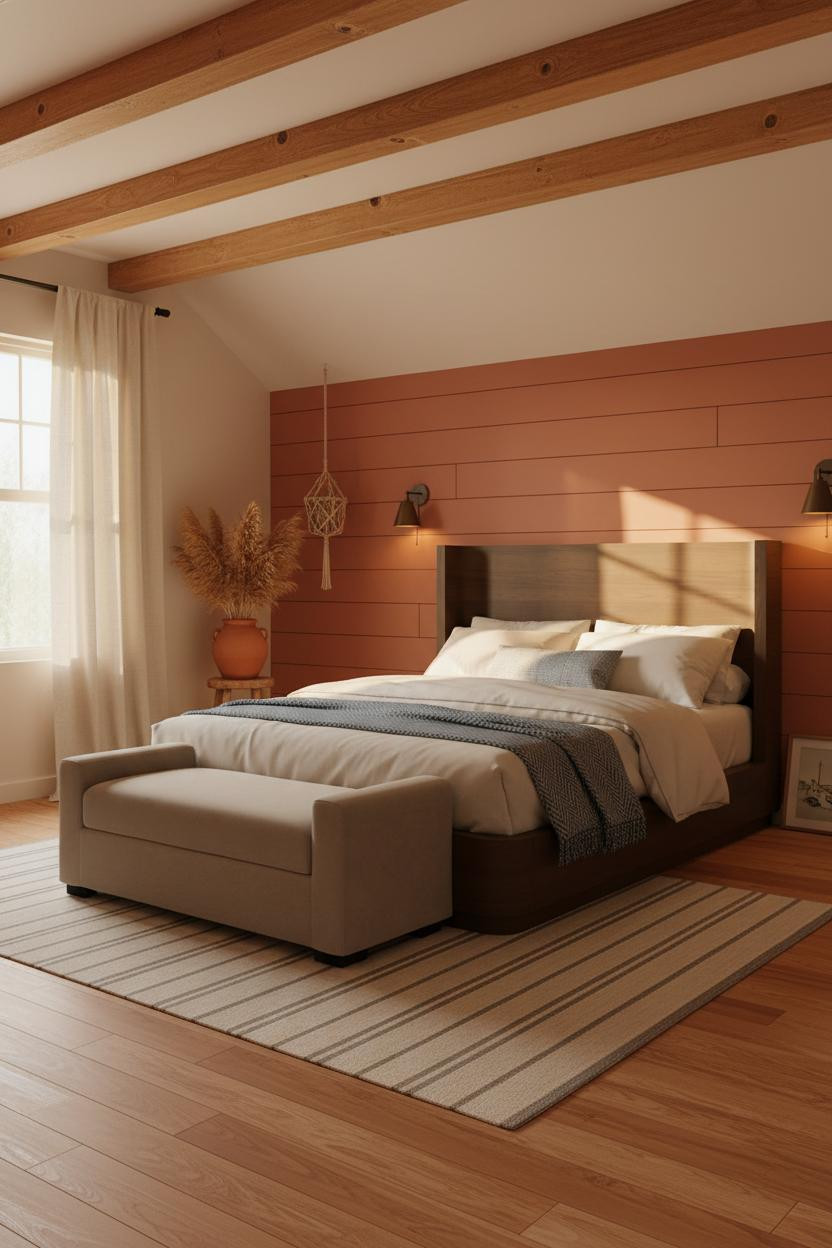 Boho Coastal Bedroom Attic with Terracotta Accent Wall and Shiplap