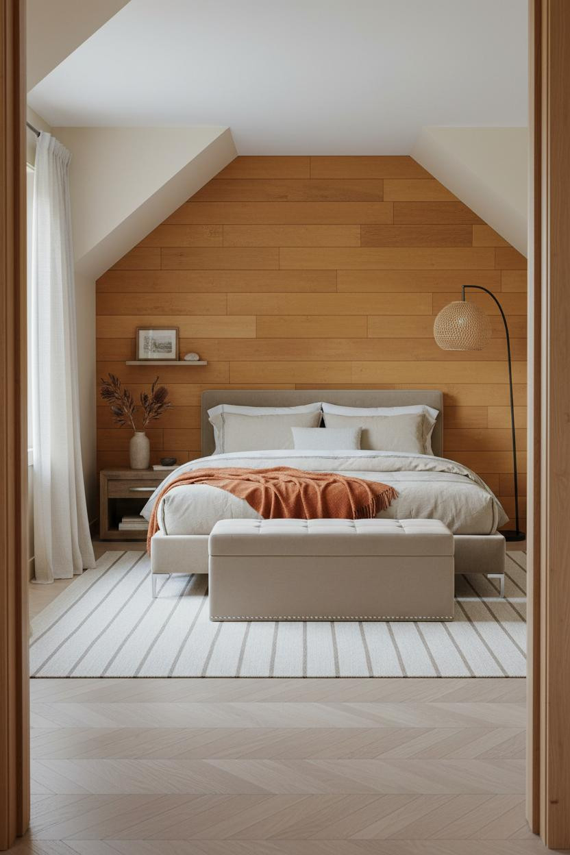 Boho Coastal Bedroom Attic with Honey Wainscoting Accent Wall
