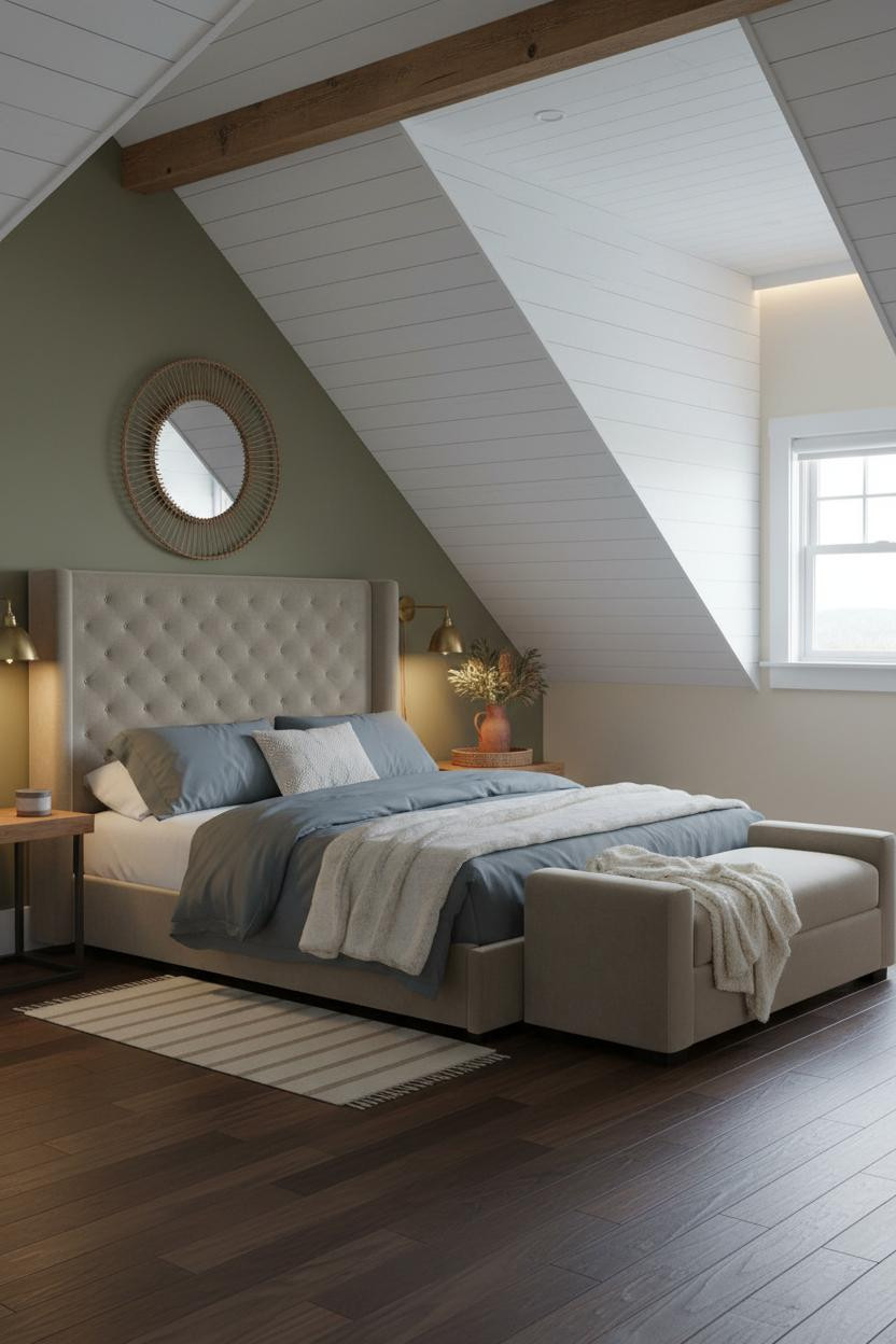 Boho Coastal Bedroom Attic with Whitewashed Shiplap Ceiling