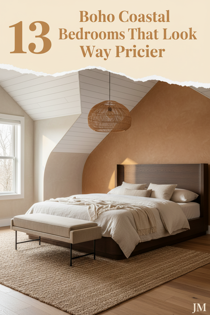 Attic boho coastal bedroom with whitewashed shiplap, clay ochre limewash accent wall, bleached oak floors, jute rug, and layered cream linen bedding