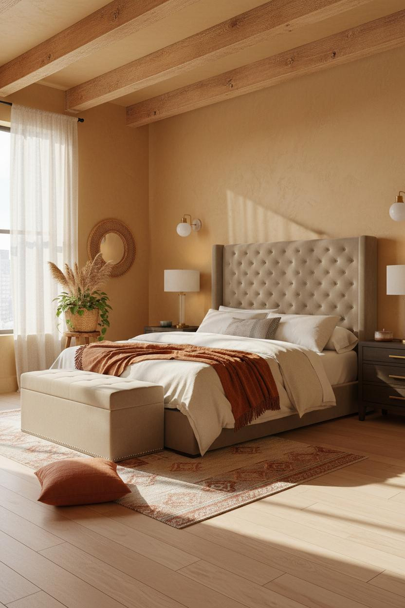 Boho Studio Apartment Bedroom Wooden Beam Cozy Design