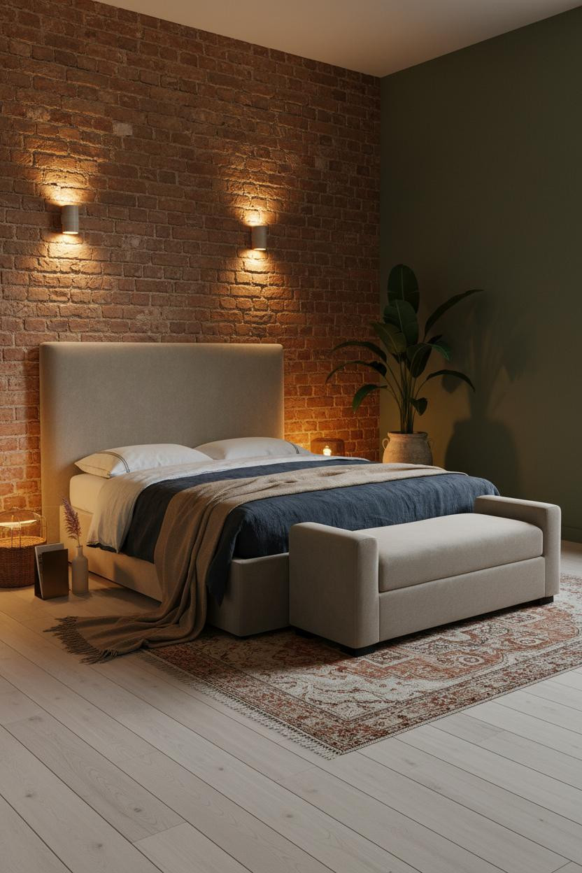 Boho Studio Apartment Exposed Brick Warm Rustic Bedroom Design