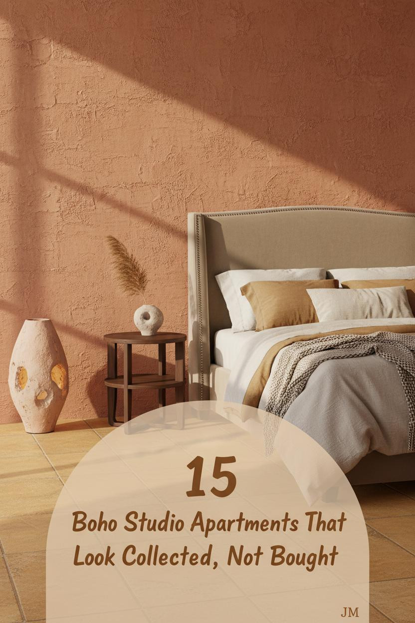 Boho studio apartment with terracotta plaster wall, warm ochre tile floor, layered cream and mustard bedding, amber ceramic floor lamp, and pampas stem in raw pinch-pot vessel