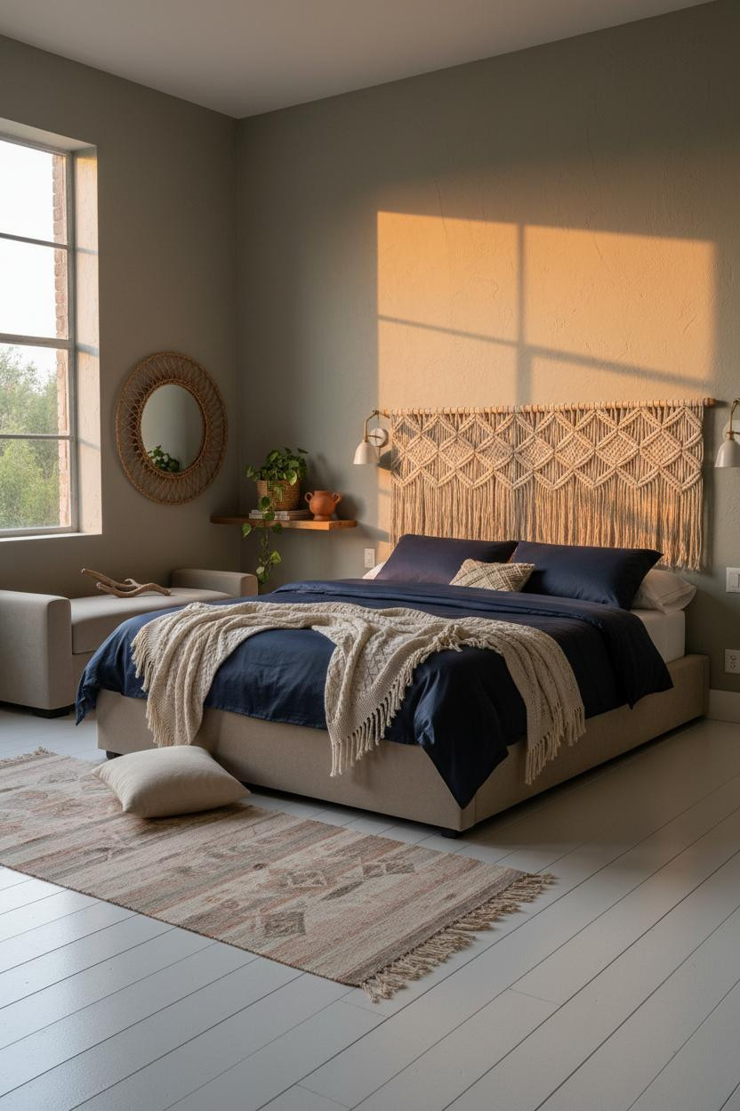 Boho Studio Apartment Jute Headboard Bedroom Warm Rustic Design
