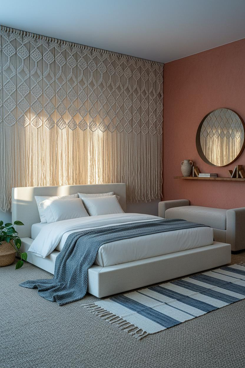 Boho Studio Apartment Macrame Accent Wall Design