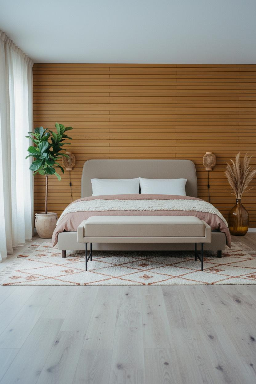 Boho Studio Apartment Mustard Accent Wall Coastal Modern Design