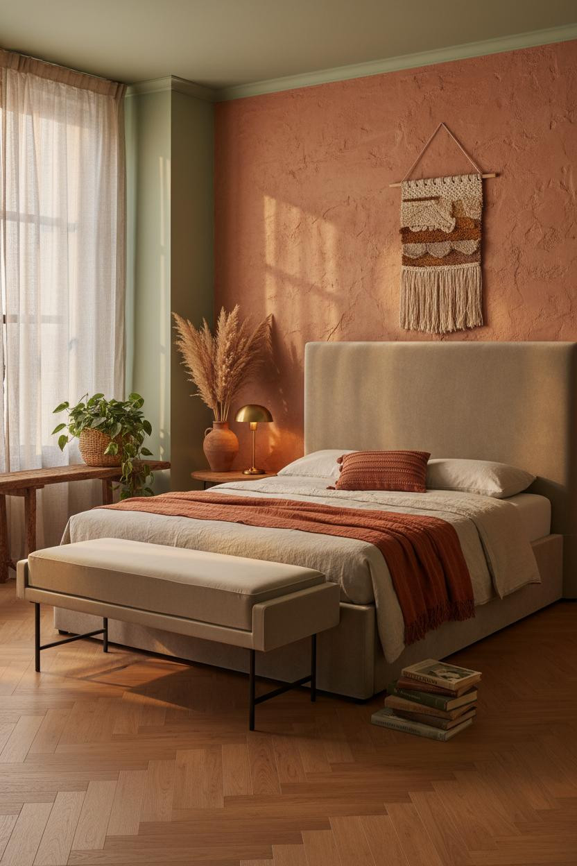 Boho Studio Apartment Terracotta Accent Wall Warm Layered Textiles