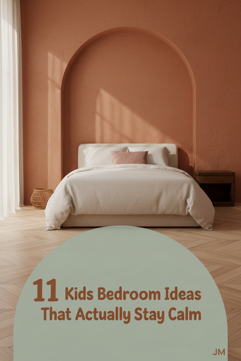 Boho kids bedroom with terracotta plaster arch wall, honey parquet floor, ivory bedding, dusty rose pillow, rattan planter, sheer linen curtains