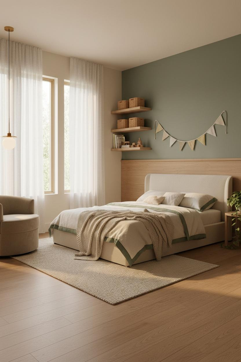 Childrens Bedroom Sage Green Wainscoting Scandi Design