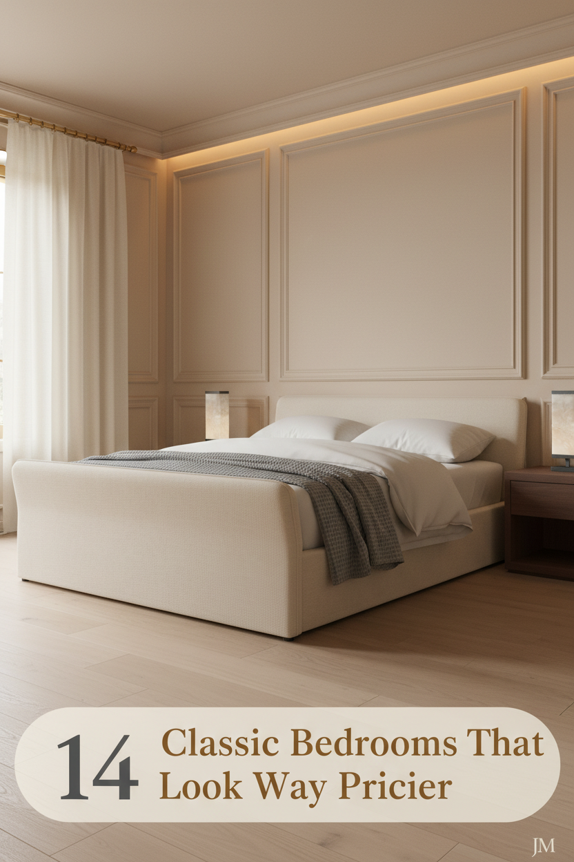 Classic master bedroom with ivory percale bedding, slate grey throw, brass lamp, walnut nightstand, and warm champagne raised-panel molding