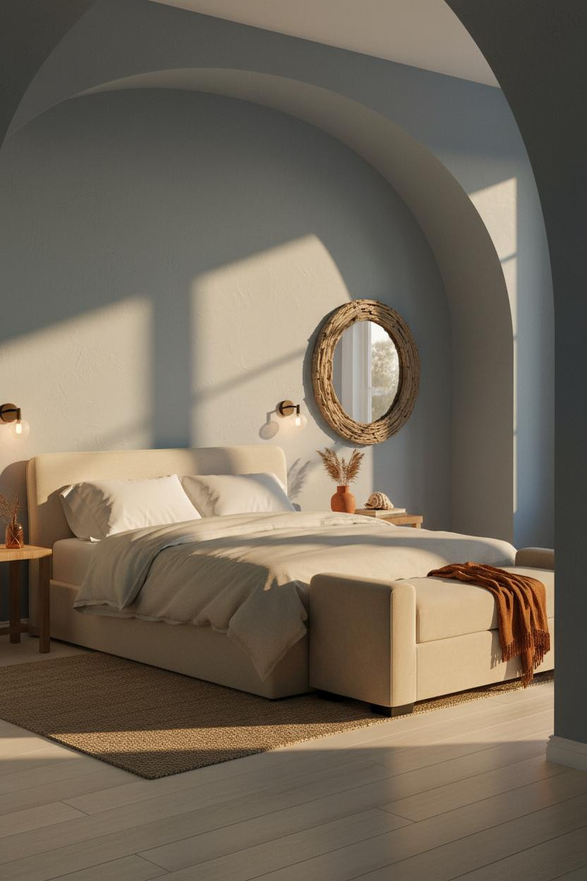 Coastal Blue Bedroom Arched Alcove Master Bed Design