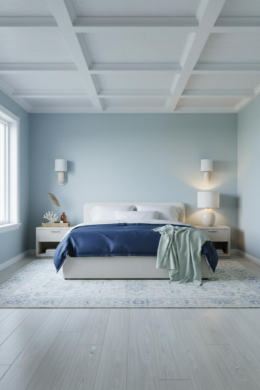 Coastal Blue Bedroom Coffered Ceiling