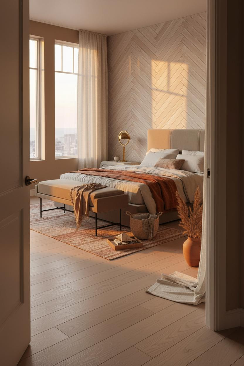 Coastal Blue Bedroom Herringbone Wall