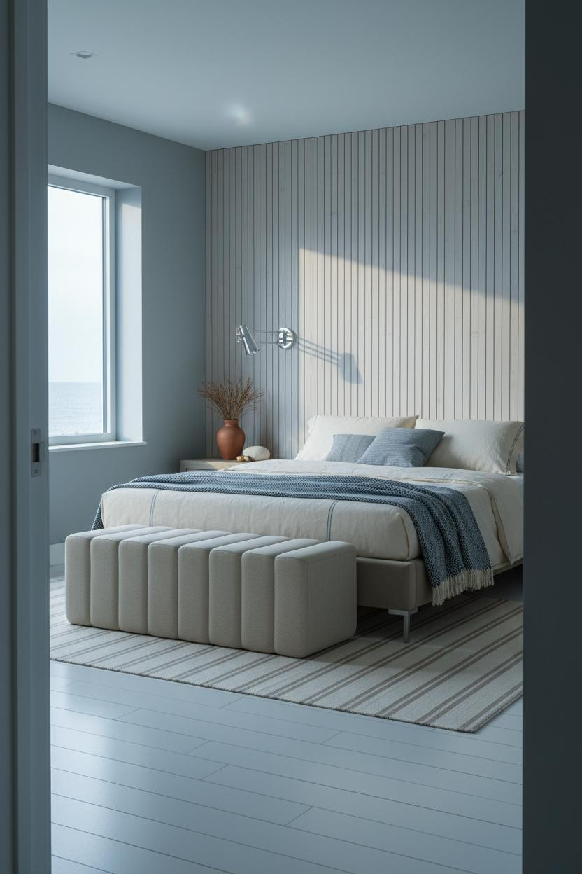 Coastal Blue Bedroom Slatted Headwall
