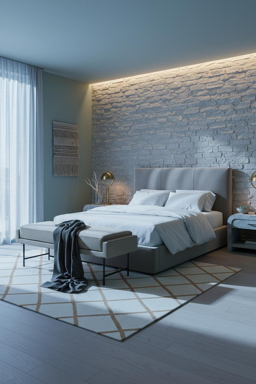 Coastal Blue Bedroom Stone Accent Wall