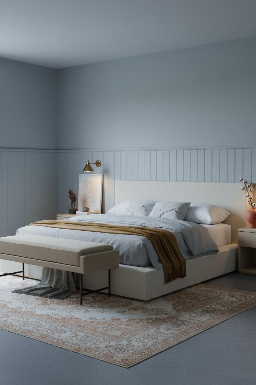Coastal Blue Bedroom Wainscoting Design
