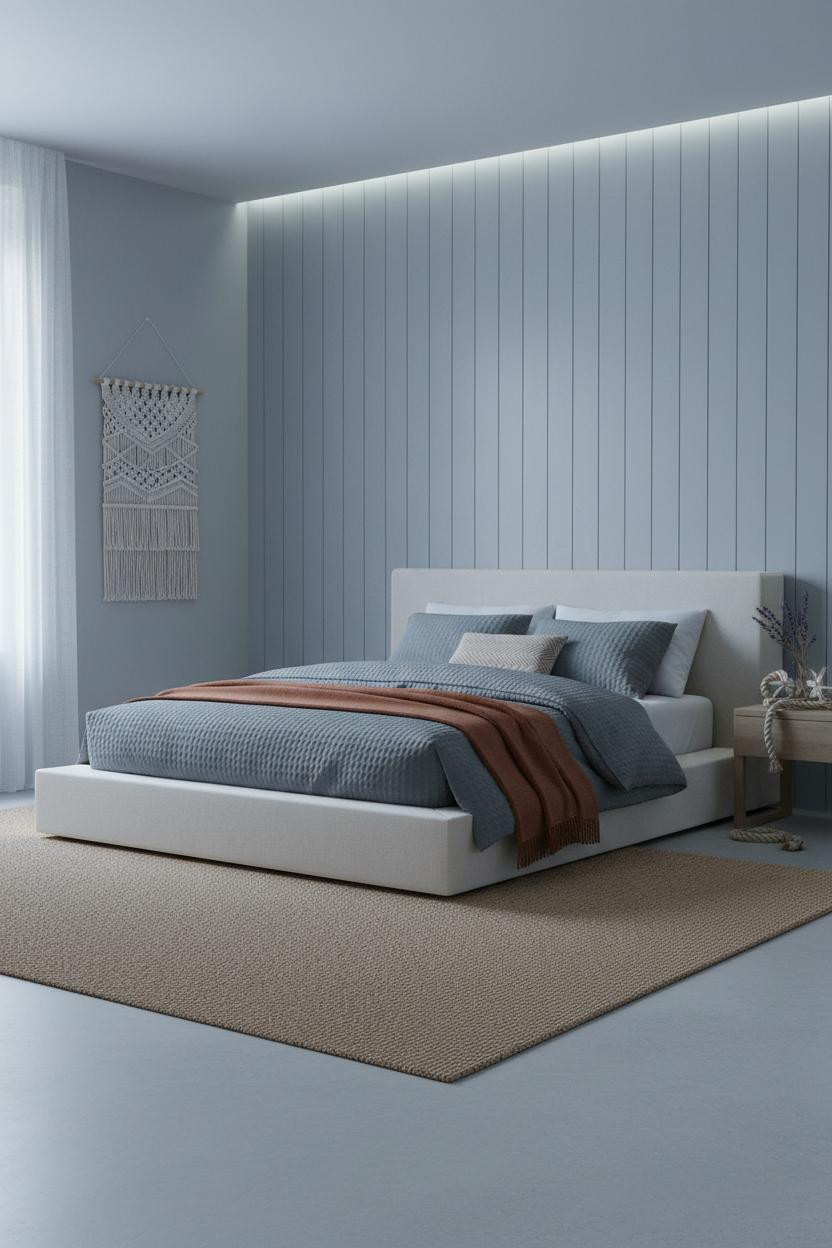 Coastal Blue Bedroom Washed Wood Paneling