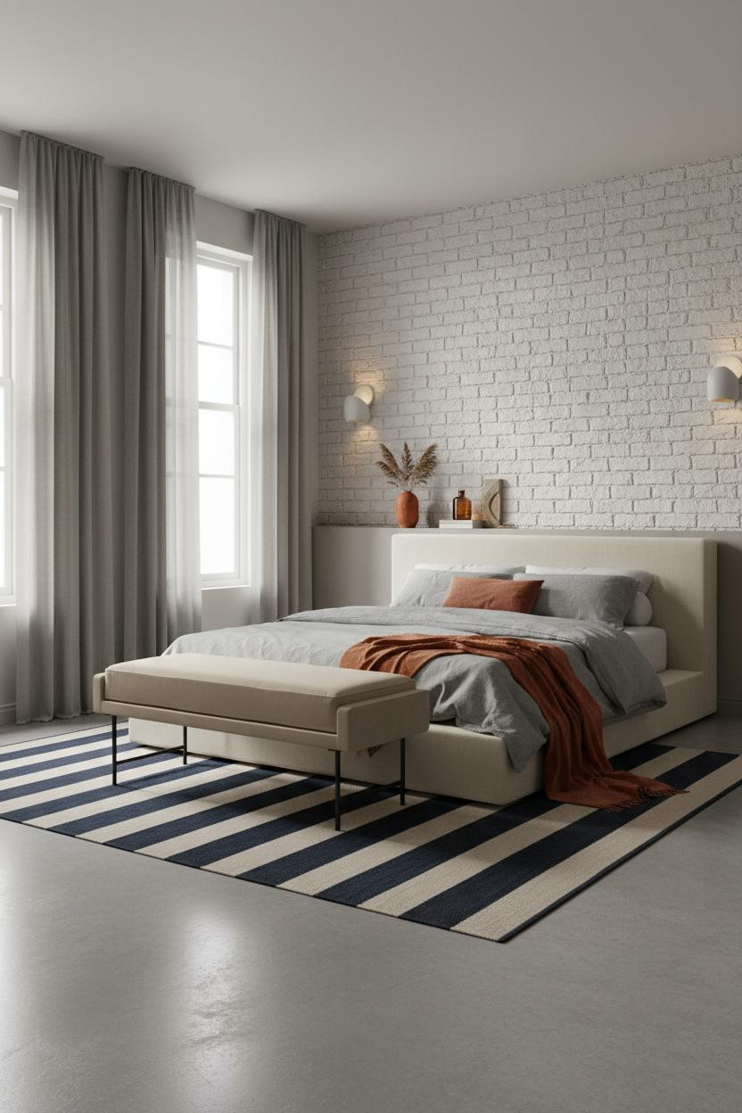 Coastal Blue Bedroom White Brick Accent
