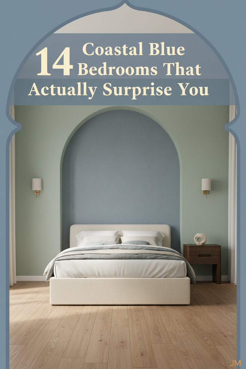 Dusty blue plaster alcove bedroom with layered cream and slate linen bedding, driftwood oak floors, celadon walls, and warm sconce lighting