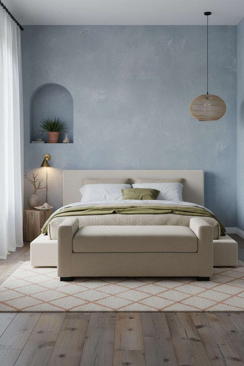 Coastal Cottage Bedroom Blue Plaster Accent Wall