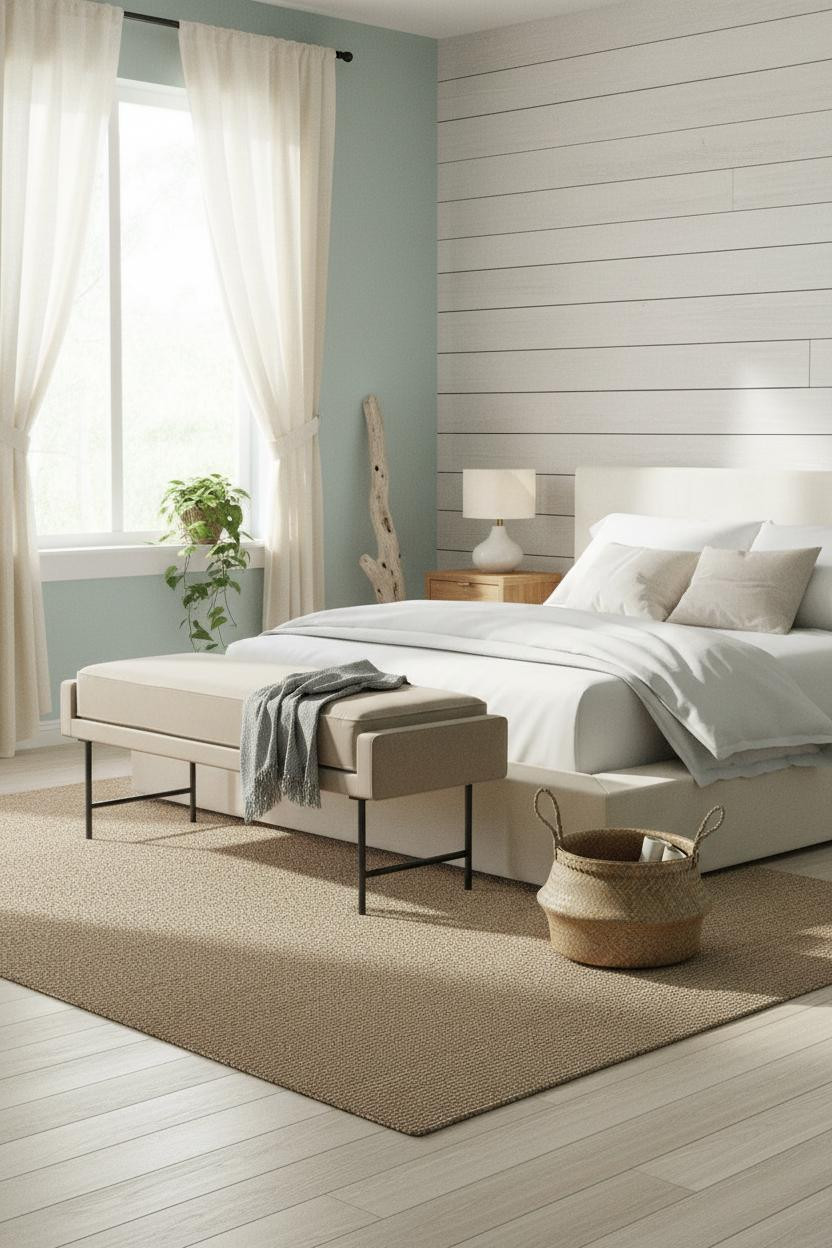 Coastal Cottage Bedroom Blue Shiplap Morning Light