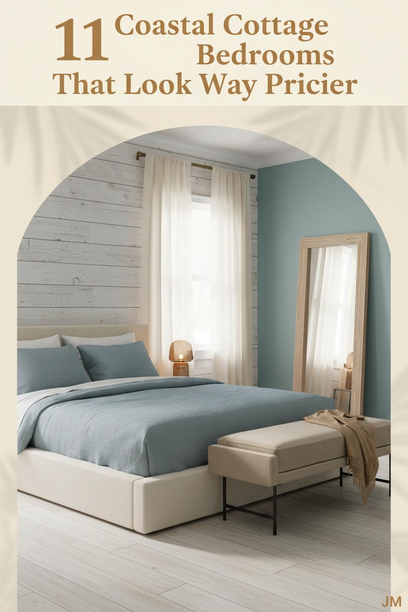 Coastal cottage bedroom with white shiplap headboard wall, seafoam blue plaster walls, dusty blue linen bedding, and driftwood mirror in soft morning light