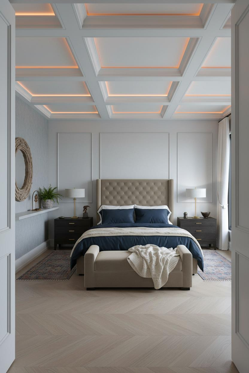Coastal Guest Bedroom Coffered Ceiling