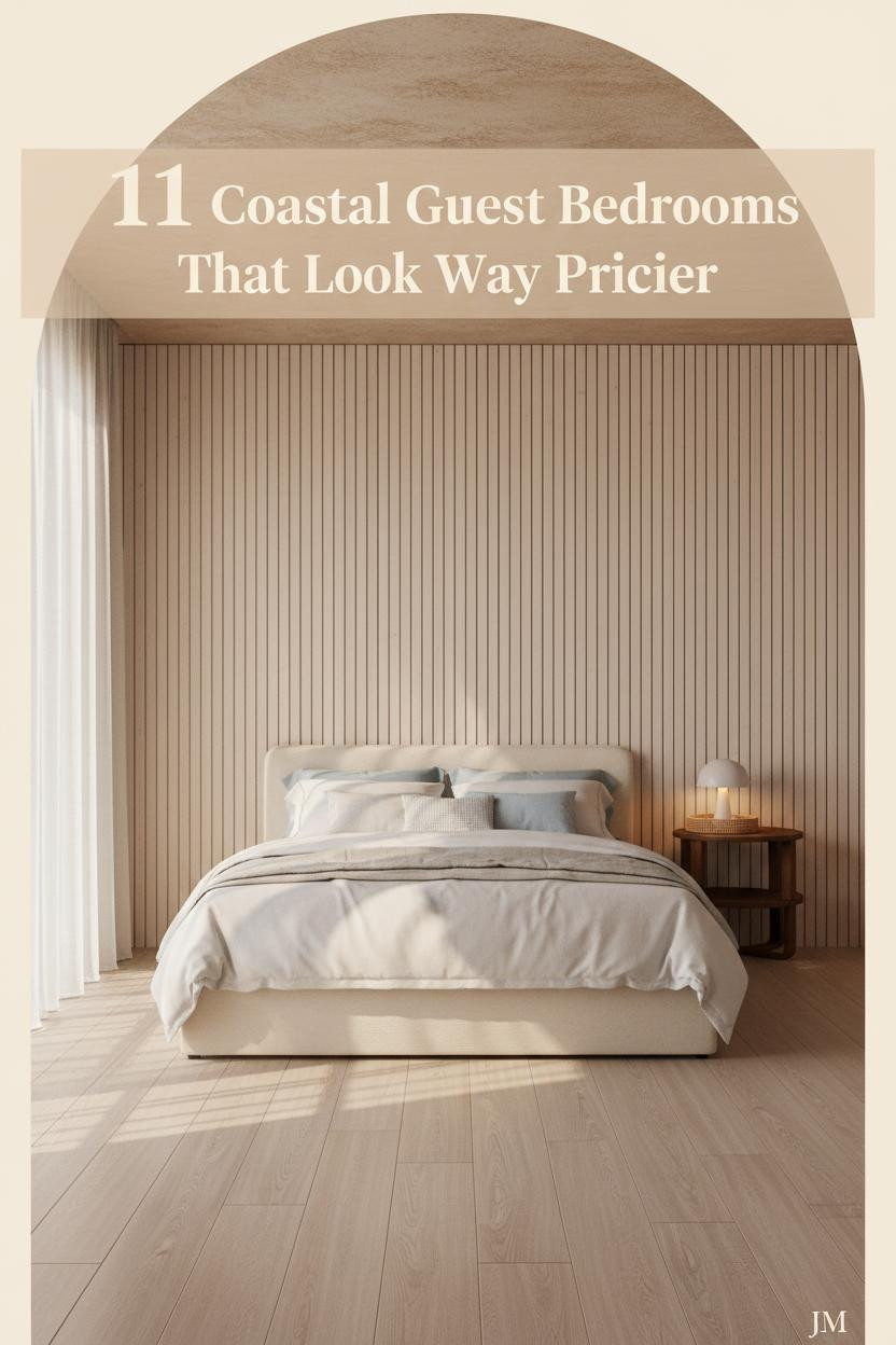Coastal guest bedroom with pale driftwood slatted timber wall, washed cream linen bedding, rattan tray, oak flooring, and warm afternoon light