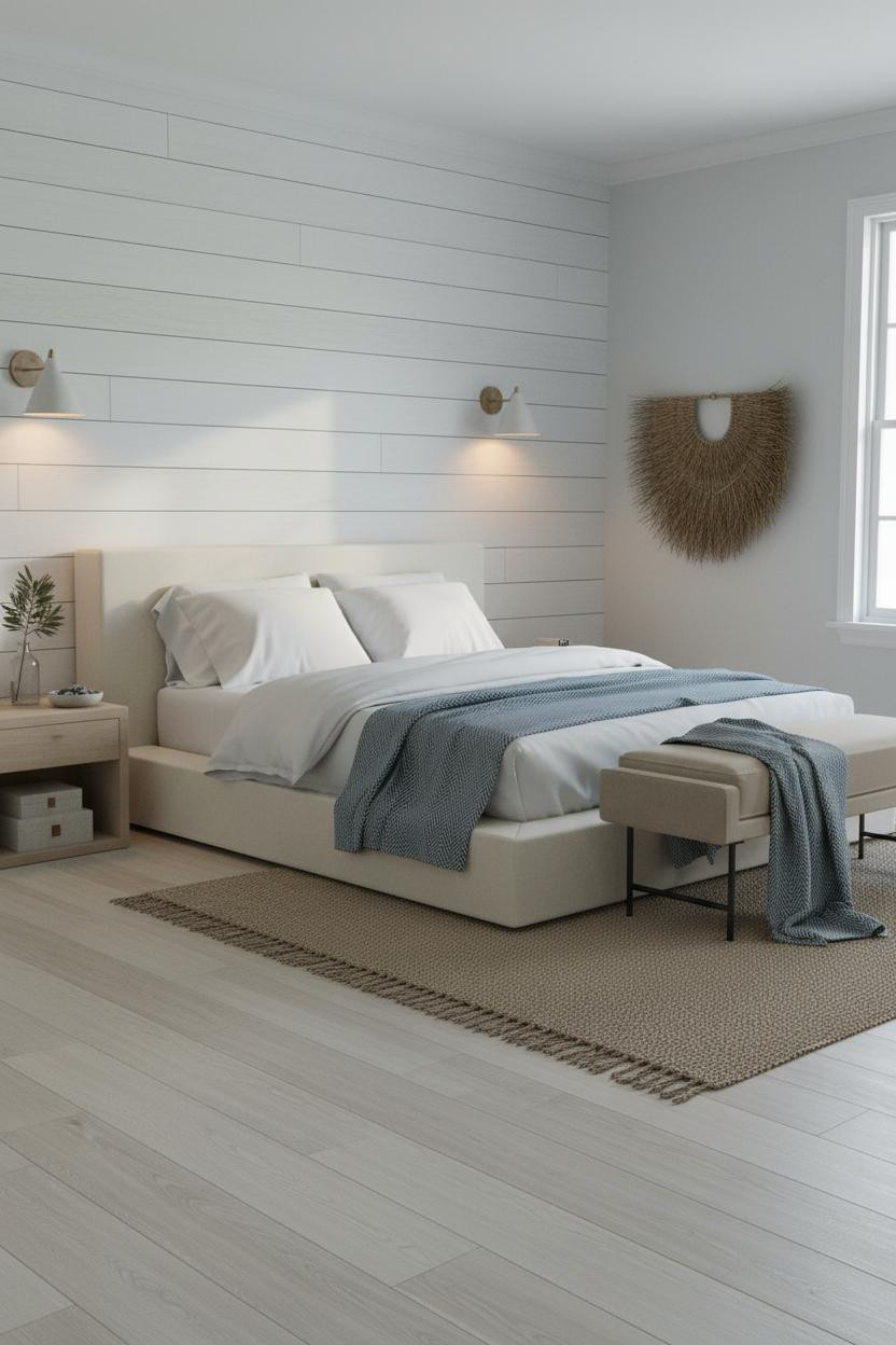 Coastal Guest Bedroom Shiplap Blue Bedding