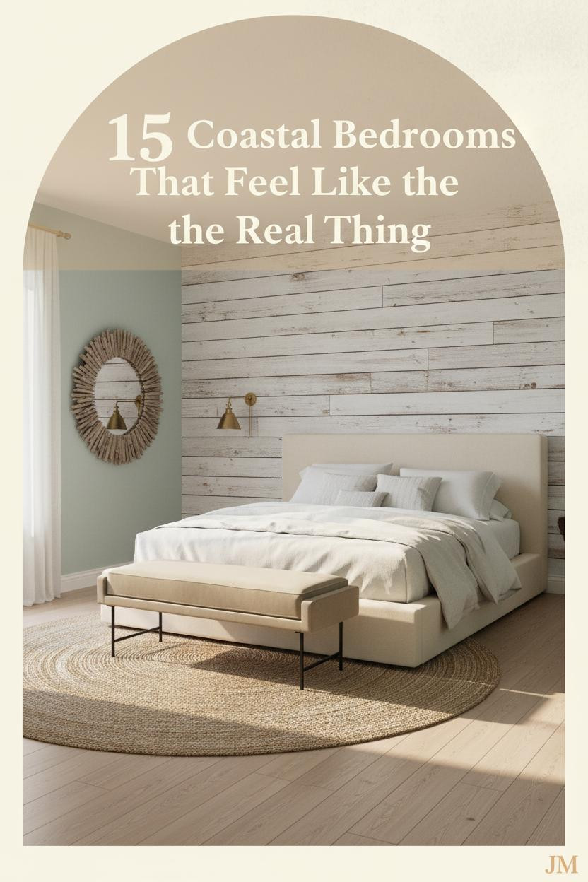 Coastal bedroom with whitewash shiplap headboard wall, seafoam plaster, bleached oak floors, ivory linen bedding, jute rug, and driftwood mirror