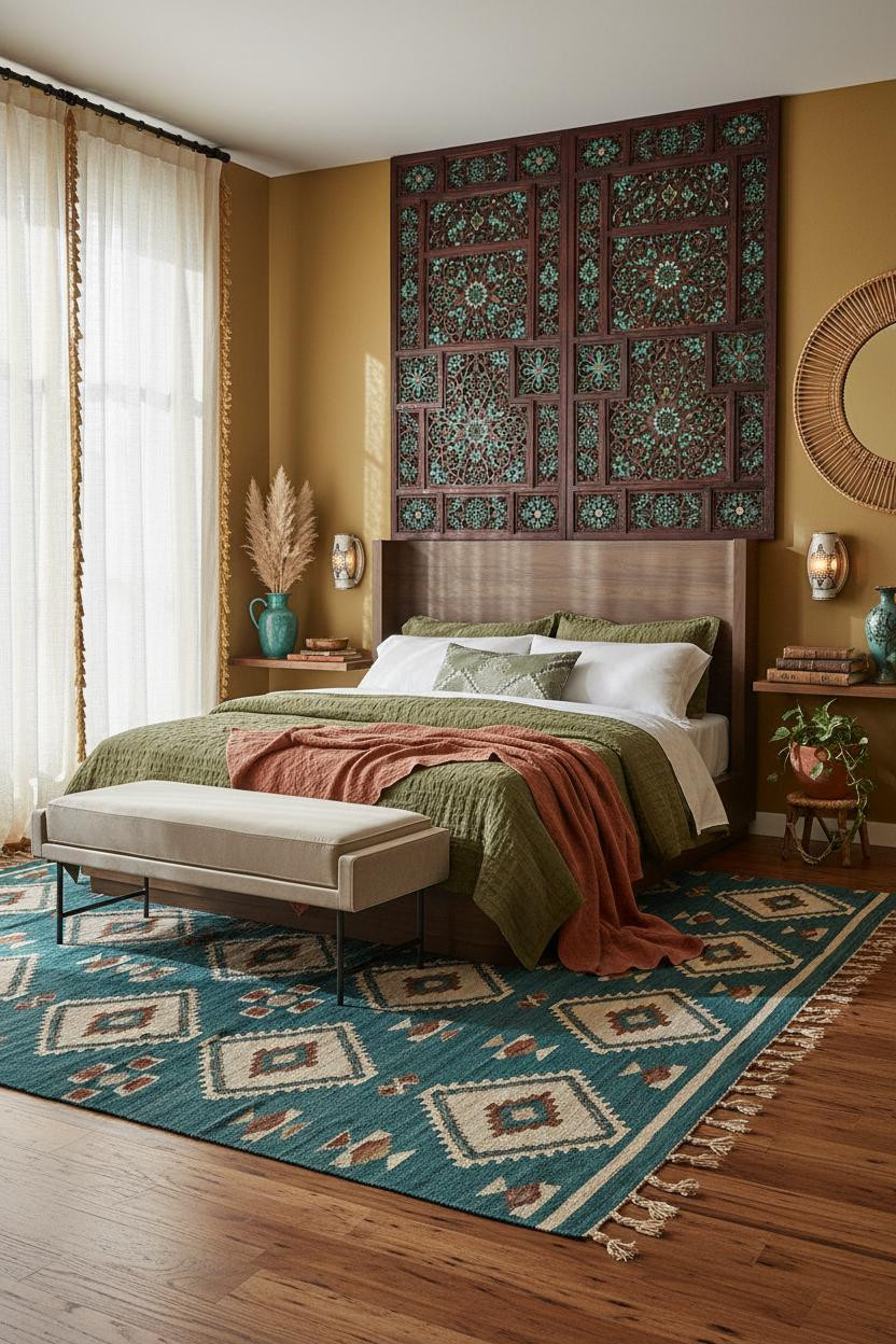 Colorful Maximalist Bedroom Boho Lattice