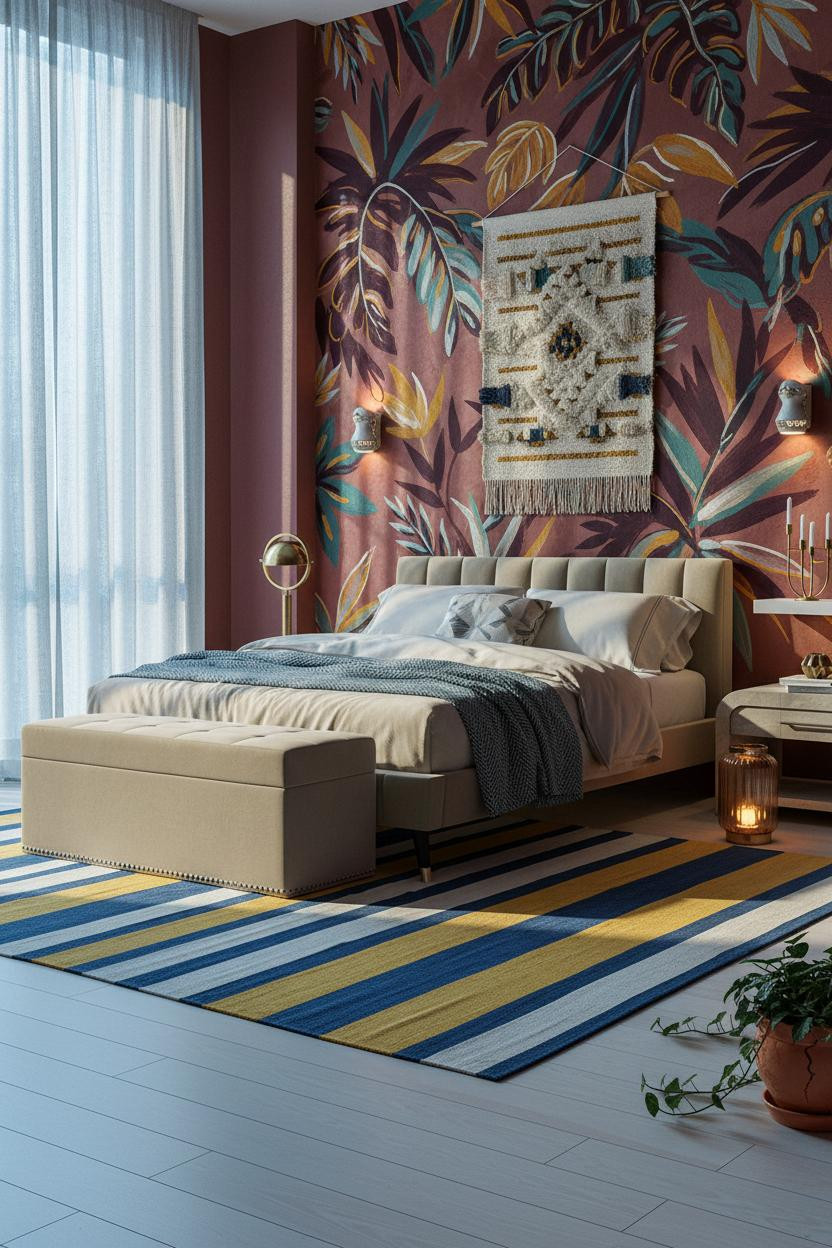 Colorful Maximalist Bedroom Botanical Mural