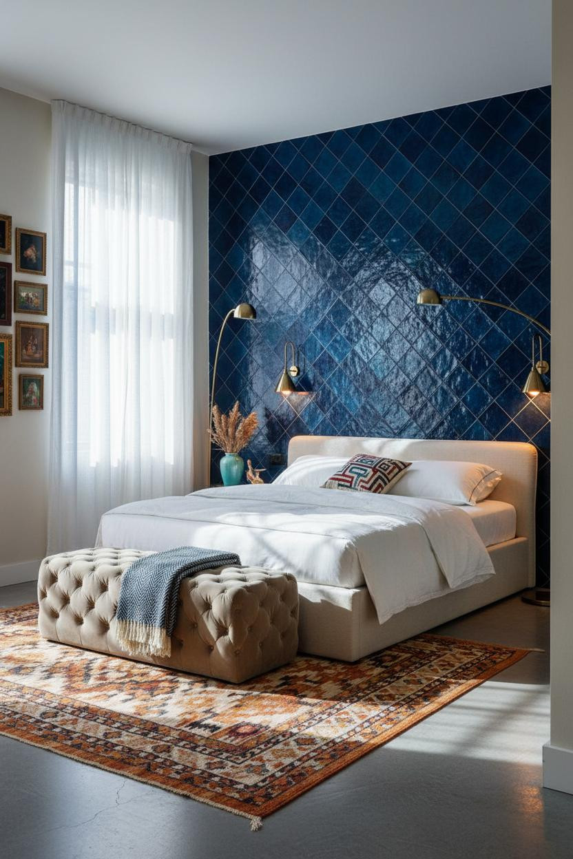 Colorful Maximalist Bedroom Cobalt Tiles Eclectic