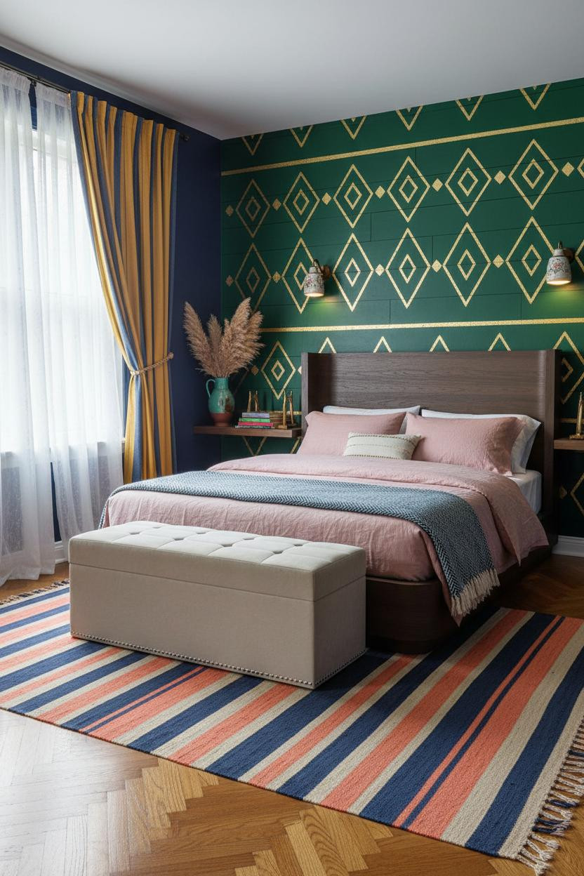Colorful Maximalist Bedroom Emerald Accent Wall