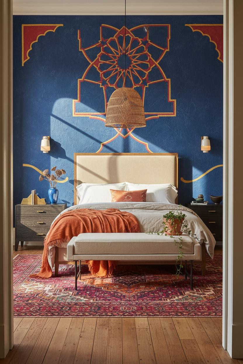 Colorful Maximalist Bedroom Indigo Accent Wall