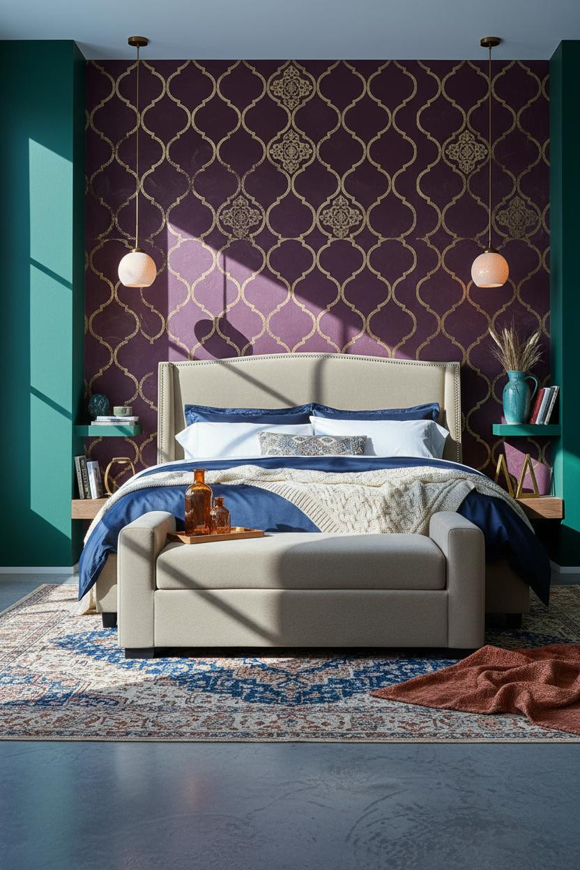 Colorful Maximalist Bedroom Jewel Tones Plum Wall