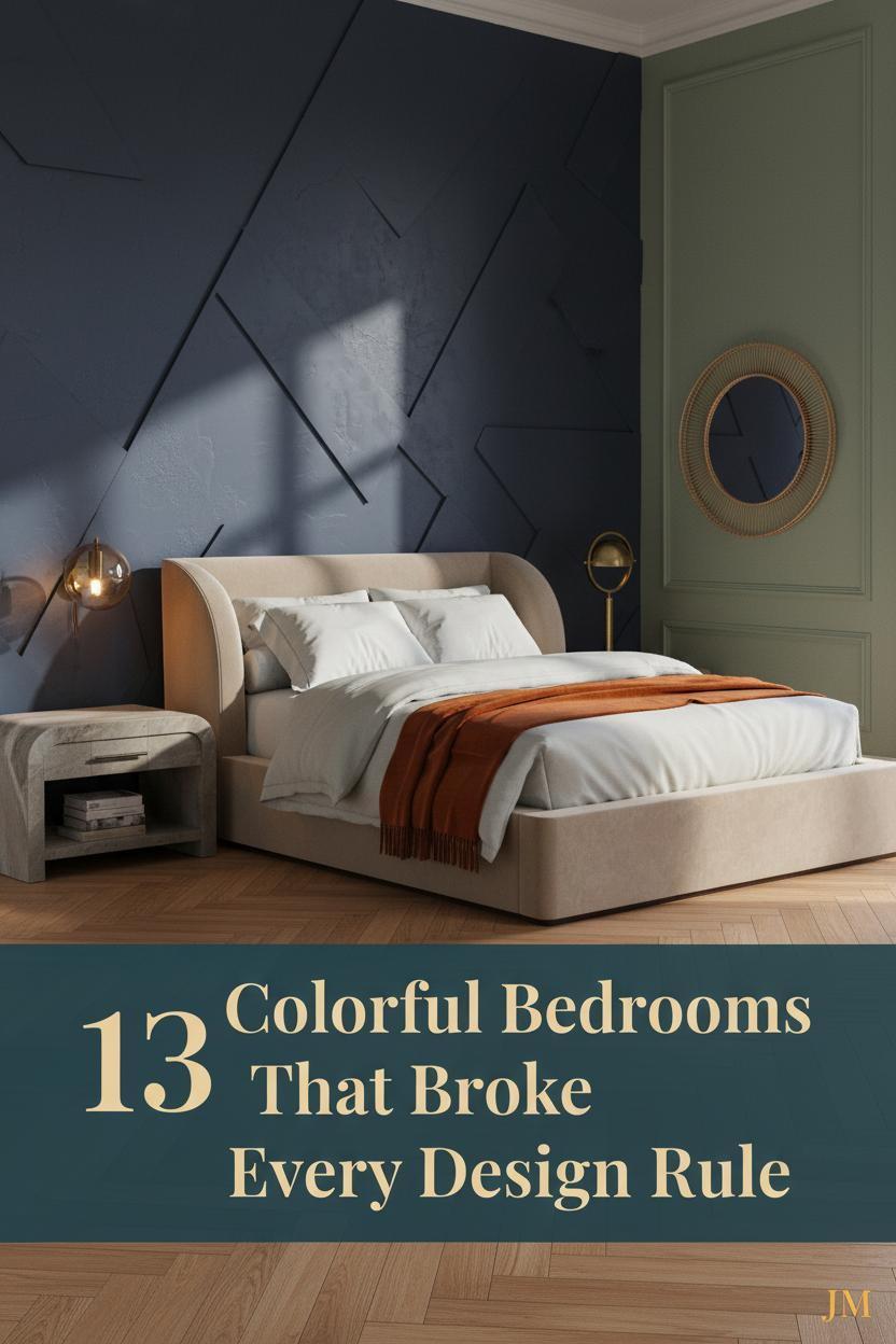 Maximalist bedroom with deep indigo plaster wall, burnt orange mohair throw, ivory linen bedding, brass sconce, and warm herringbone parquet floor