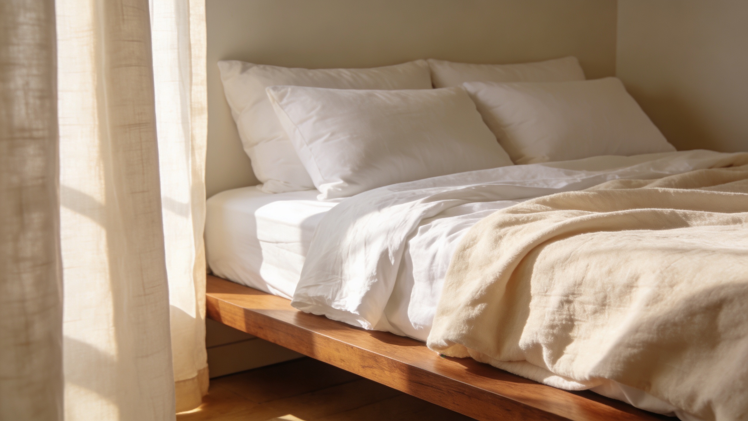 Editorial bedroom with made bed and cream linens — mattress return policy reference