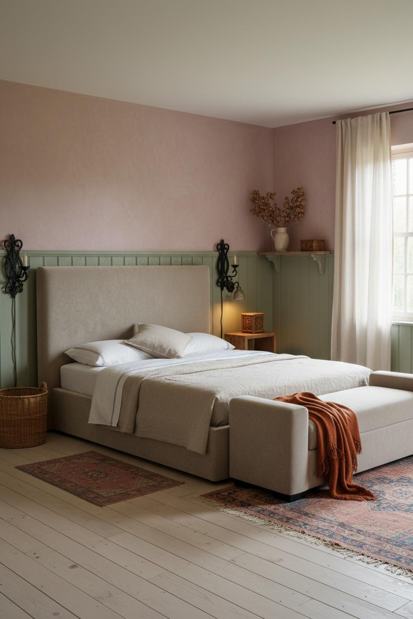 Cottage Bedroom Sage Wainscoting Linen