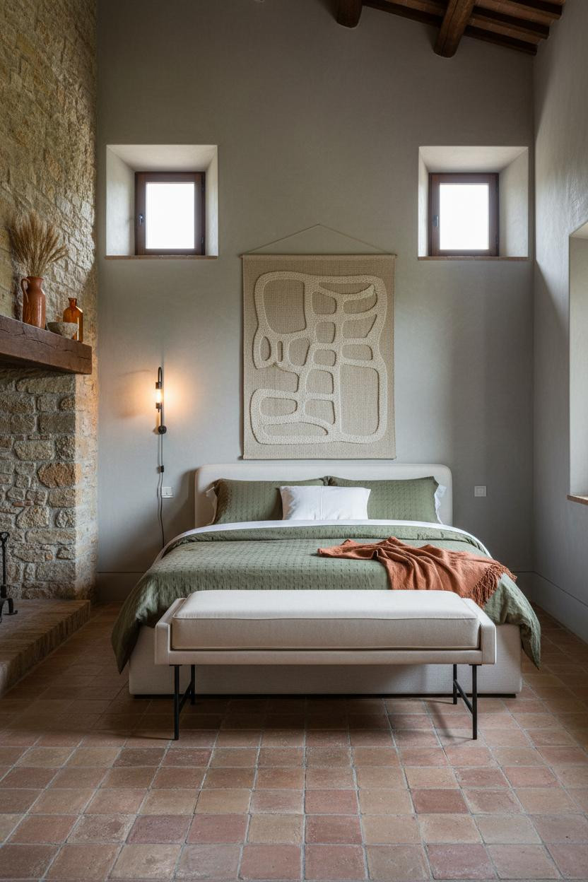 Cottage Bedroom Tuscan Stone Chimney