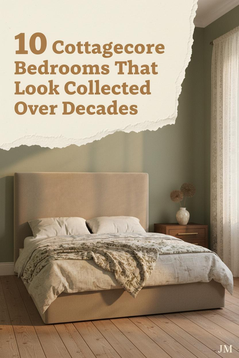 Sage plaster bedroom with wide-plank pine floors, linen bedding, cotton quilt, crackle-glaze vase, dried allium, ivory lace curtains