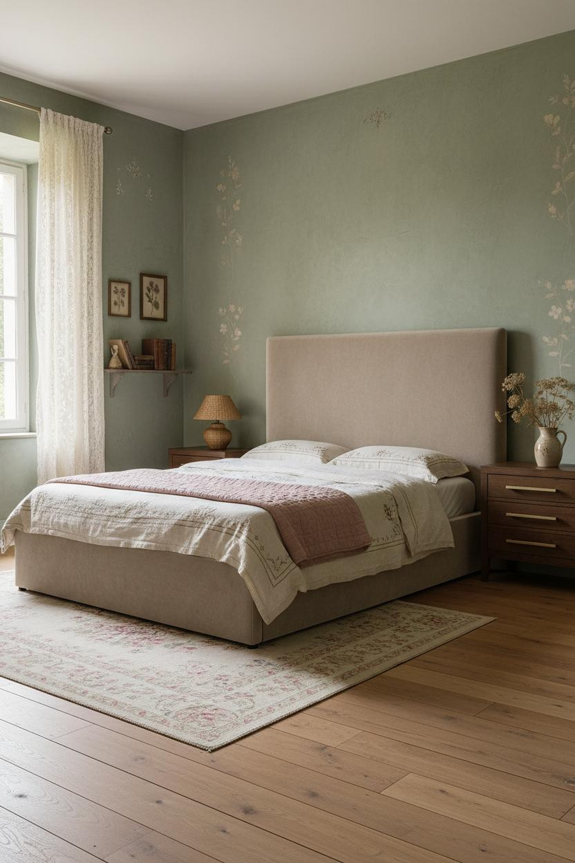 Cottagecore Bedroom Sage Walls Lace Curtains