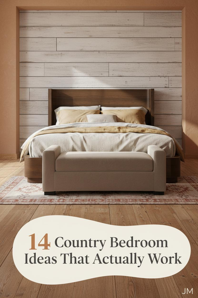 Farmhouse bedroom with whitewashed shiplap headboard wall, layered cream and ochre linen bedding, kilim runner, and warm reclaimed oak flooring