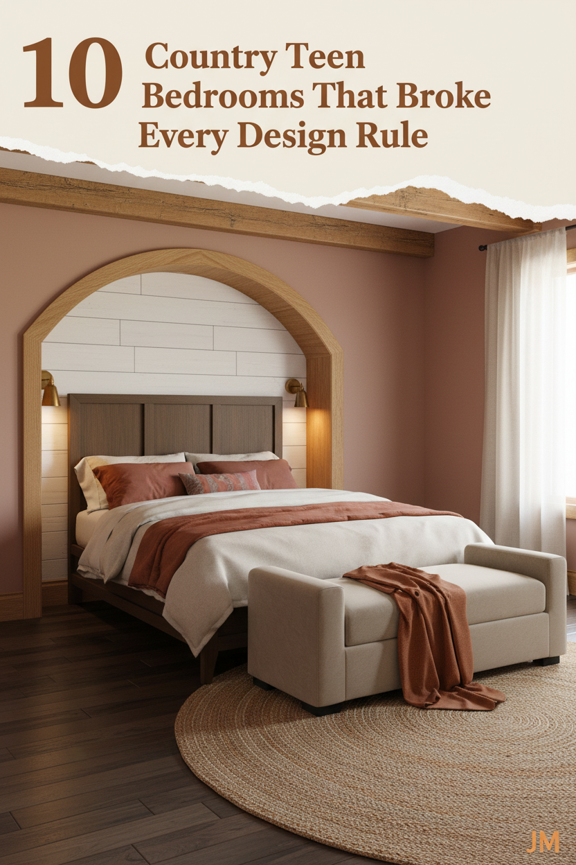 Country teen bedroom with dusty rose shiplap walls, reclaimed wood floors, cream and rust bedding, jute rug, and warm amber sconce lighting
