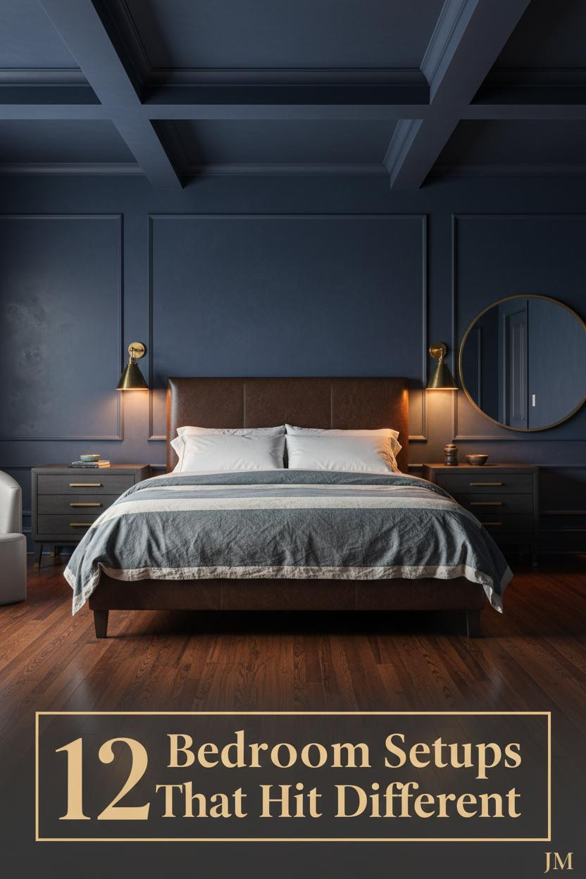 Deep indigo limewash bedroom with slate linen duvet, dark hardwood floors, brass sconces, and oversized round mirror reflecting warm amber light